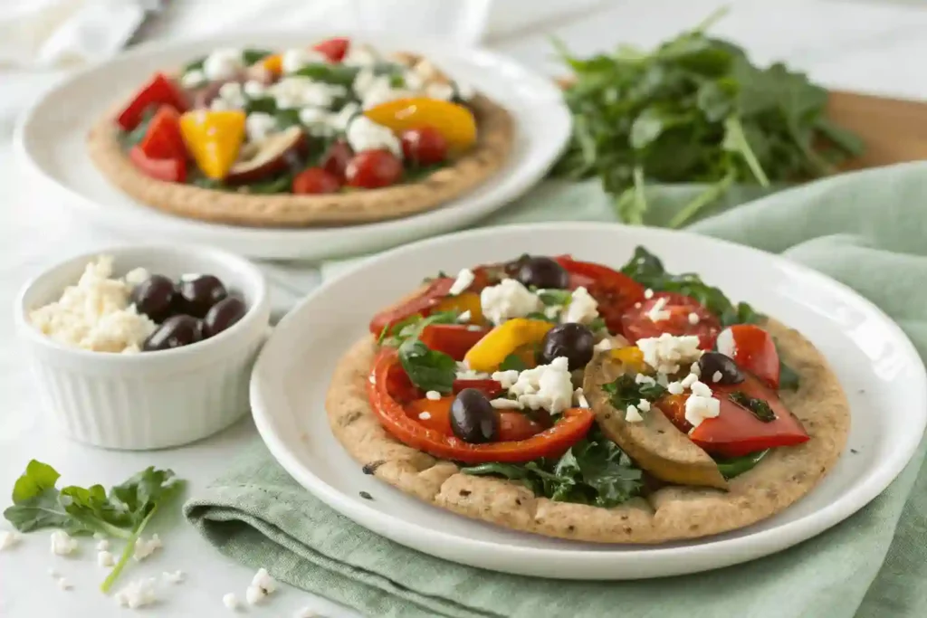 Freshly plated Greek vegetable pita pizzas made with whole wheat, topped with roasted vegetables and feta.