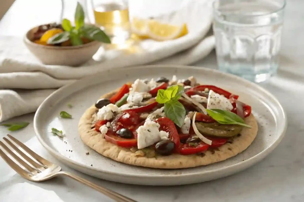 A single serving of Greek vegetable pita pizza on a ceramic plate, topped with vibrant veggies and feta.