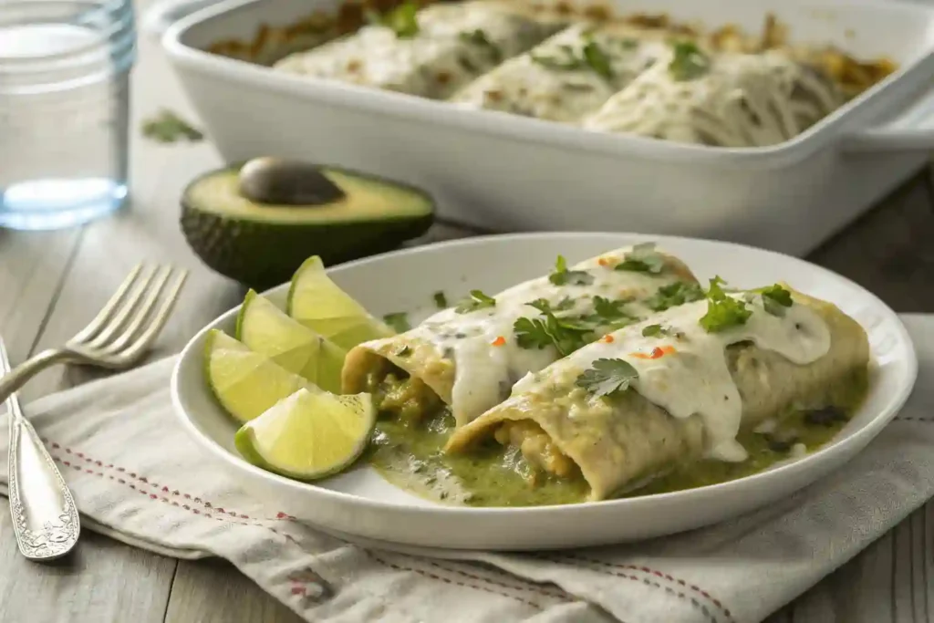 Two enchiladas on a white plate topped with sauce and cheese, garnished with lime and avocado.