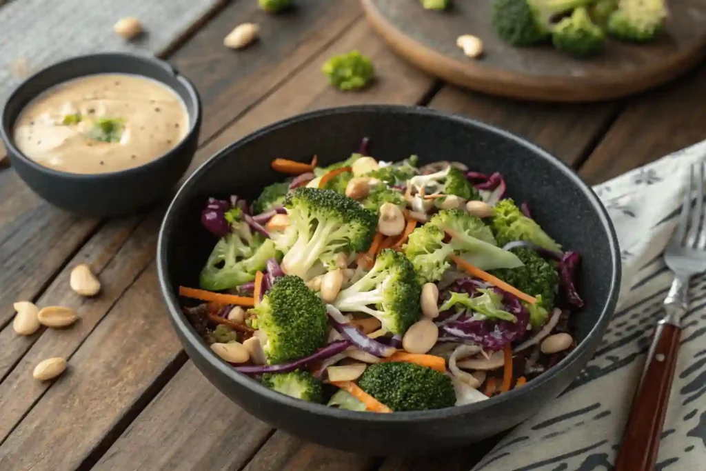Fully assembled Bang Bang Broccoli Salad with cabbage, broccoli, carrots, cashews, and lime wedges in a black serving bowl.