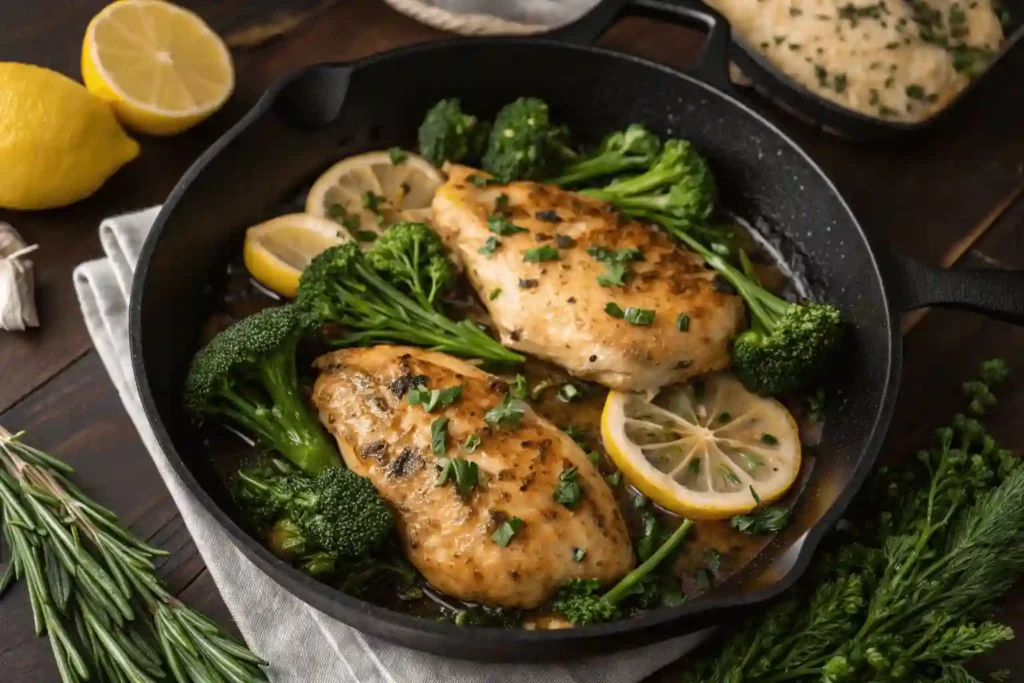 Overhead shot of garlic butter chicken breasts in a black skillet, served with broccolini and lemon slices.