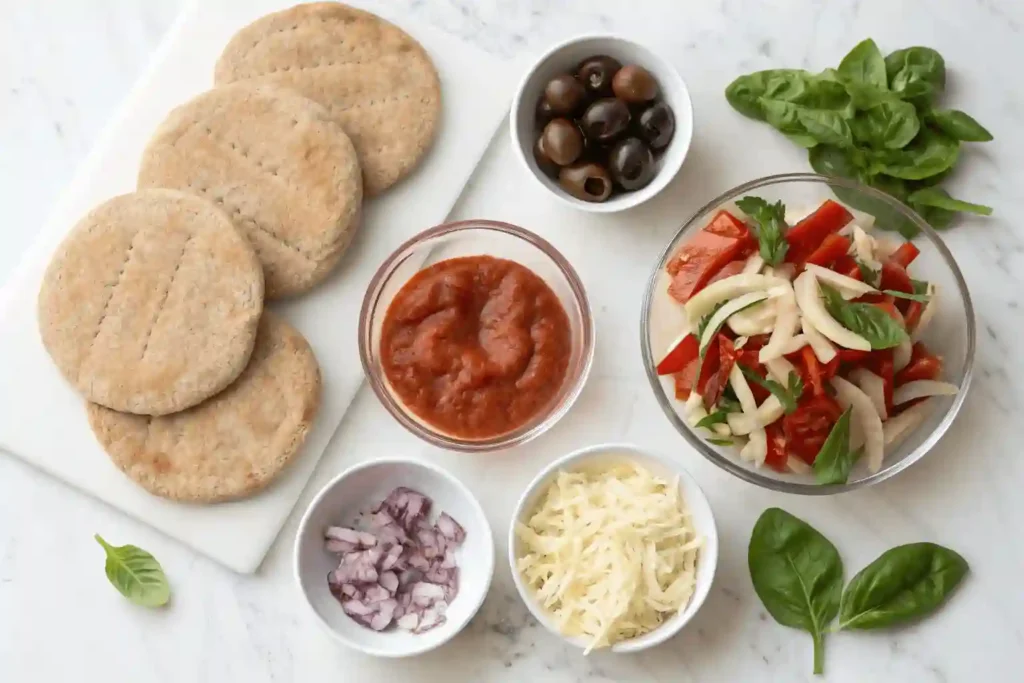 Fresh Mediterranean ingredients for Greek vegetable pita pizzas laid out neatly on a white surface.