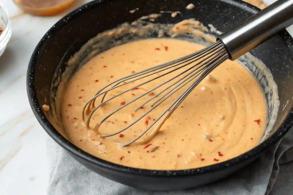 Bang Bang salad dressing being whisked in a black bowl—creamy, orange-hued with visible chili flakes.