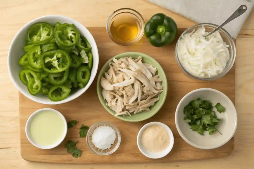 Flat lay of ingredients for green bell pepper enchiladas including peppers, chicken, yogurt, tortillas, cheese, and spices.