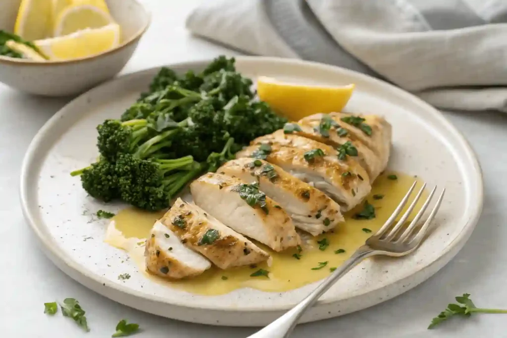 Plated garlic butter chicken breast served with steamed broccolini, garlic herb butter drizzle, and lemon wedge on a white ceramic dish.