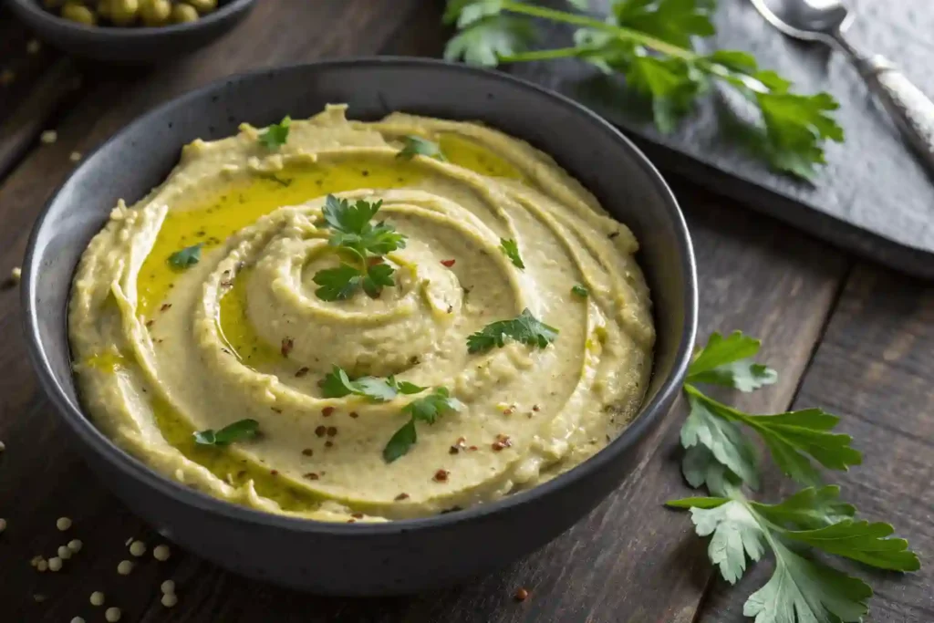 Close-up of creamy avocado hummus swirled in a black bowl, topped with olive oil and parsley
