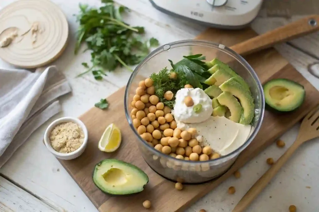 Top-down view of a food processor with chickpeas, avocado, tahini, and Greek yogurt ready to blend