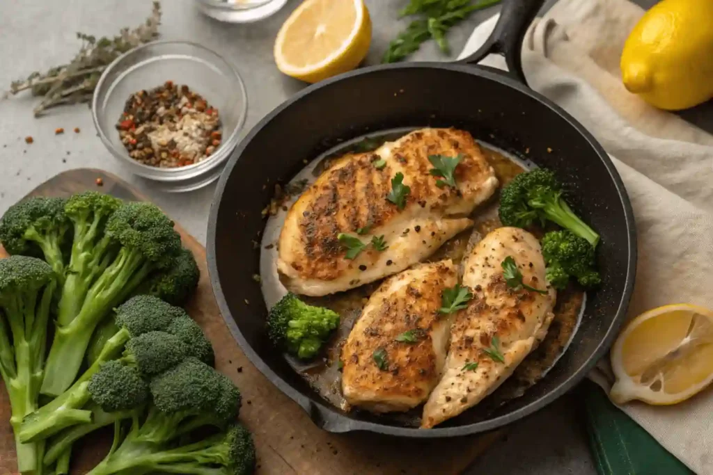 Overhead shot of garlic butter chicken breasts cooked in olive oil, garlic, and spices, served with steamed broccolini and lemon slices in a black skillet.
