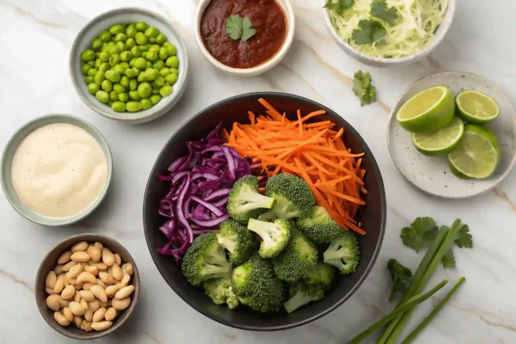 Fresh ingredients for Bang Bang Broccoli Salad arranged on a marble surface, including broccoli, red cabbage, carrots, lime, scallions, edamame, and sauces.