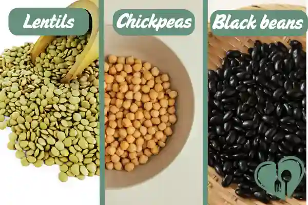 Dry lentils, chickpeas, and black beans displayed separately in bowls and baskets.