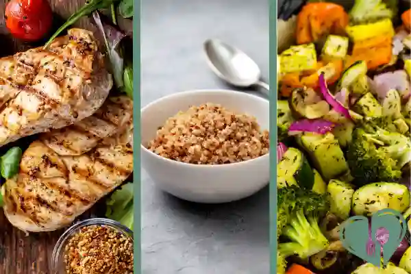 Grilled chicken, a bowl of cooked quinoa, and a tray of roasted vegetables.