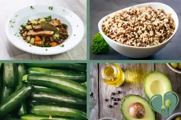 Four-part collage of diabetic-friendly ingredients: lentil stew, cooked quinoa blend, fresh cucumbers, and avocado with olive oil.