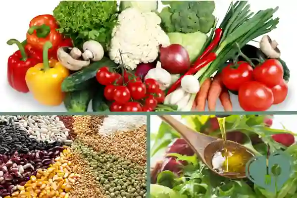 Fresh vegetables, legumes, grains, and olive oil — core Mediterranean foods that support diabetic blood sugar control.