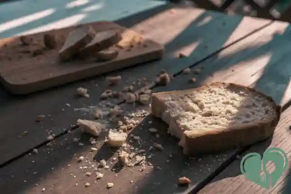 Slice of crumbling white bread with scattered crumbs on a wooden table