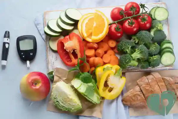 Assorted low-GI vegetables and fruits with a blood glucose meter on a light background