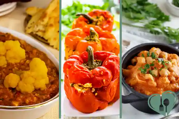 Three freezer-friendly diabetic meals: lentil and cauliflower stew, quinoa-stuffed bell peppers, and chickpea curry.