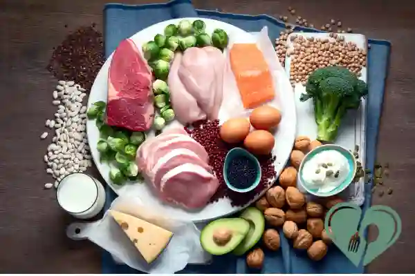 A variety of animal and plant-based protein sources including eggs, chicken, beef, salmon, nuts, lentils, broccoli, yogurt, and cheese — diabetic-friendly options