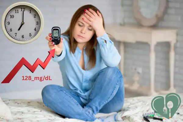Woman sitting on bed in the morning holding a glucose meter showing 128 mg/dL, looking tired with a rising blood sugar graph and a digital clock reading 7:00 AM.