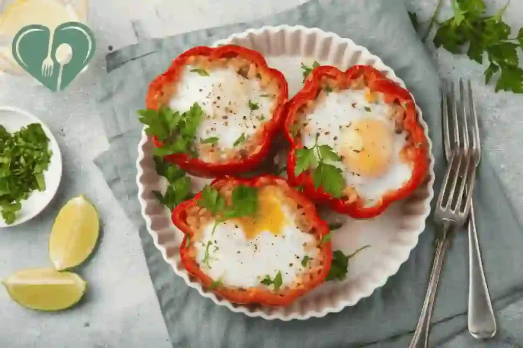 Eggs baked inside red bell pepper rings, topped with herbs — a quick diabetic-friendly breakfast.