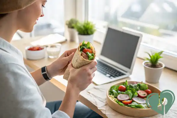 Woman eating a healthy wrap with a side salad while working at a bright home office desk – diabetic-friendly lunch scene.