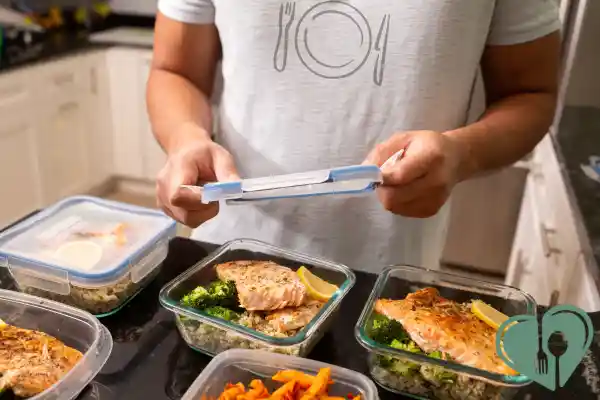 Person packing diabetic-friendly meal prep with grilled salmon, broccoli, and brown rice into labeled freezer containers.