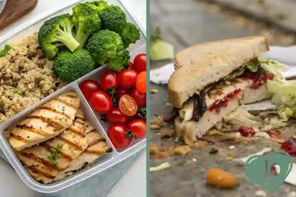 Comparison of a fresh diabetic lunch with grilled chicken and vegetables versus a messy, soggy sandwich with wilted lettuce