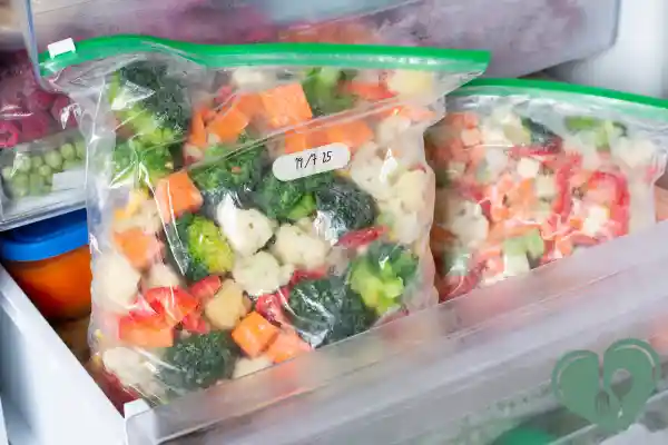 Labeled freezer-safe bags filled with chopped vegetables for diabetic-friendly meal prep.
