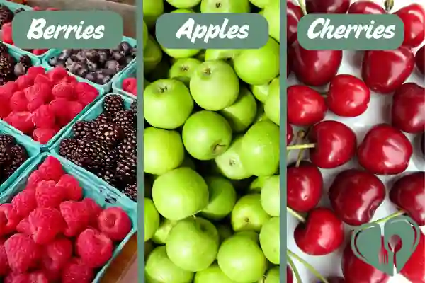 Fresh berries, green apples, and cherries arranged in colorful baskets and piles.