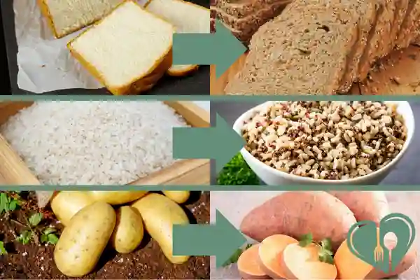Three side-by-side smart carb swaps: white bread to whole grain bread, white rice to quinoa blend, and regular potatoes to sweet potatoes.