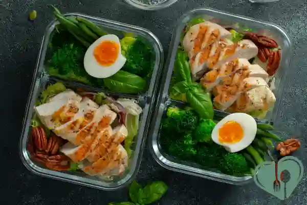 Meal prep containers with grilled chicken, broccoli, green beans, pecans, and soft-boiled eggs – diabetic-friendly lunch option.
