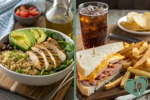 Comparison of a healthy diabetic-friendly lunch with quinoa, avocado, and grilled chicken versus an unhealthy sandwich with fries and soda.