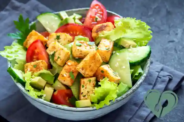 Bowl of vegan diabetic-friendly salad with grilled tofu cubes, avocado, lettuce, cucumber, and tomato — rich in plant protein, healthy fats, and fiber.