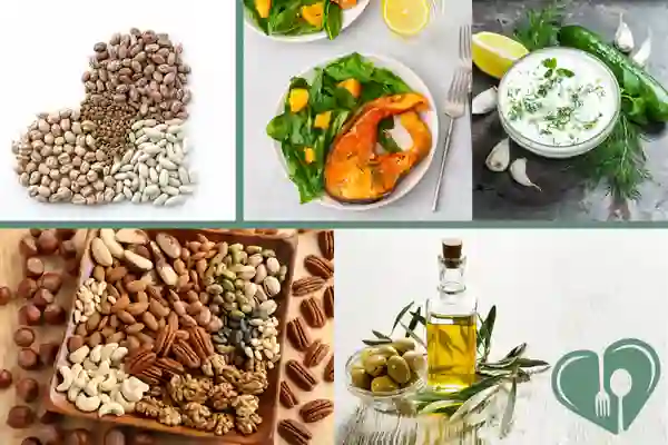 Assorted Mediterranean staples: legumes, nuts, olive oil, grilled salmon with salad, and cucumber yogurt dip