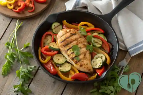 Grilled chicken breast with zucchini and colorful bell peppers in a black skillet, garnished with parsley.