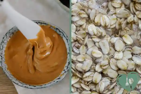 A creamy spoonful of peanut butter next to soaking rolled oats – a fiber-rich, low-GI breakfast combo for diabetics.