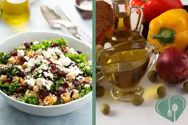 Chickpea and quinoa salad with feta cheese next to olive oil, peppers, and Mediterranean vegetables