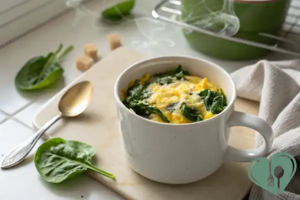Warm scrambled eggs with spinach and cheese in a white mug — a microwave-friendly diabetic breakfast with steam rising.