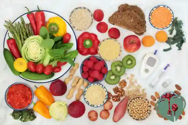Colorful diabetic-friendly foods rich in fiber, vitamins, and complex carbs