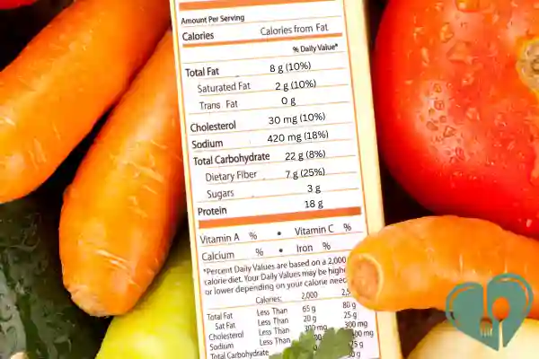 Close-up of a nutrition facts label on packaged food surrounded by fresh vegetables, highlighting key nutrients for diabetics.