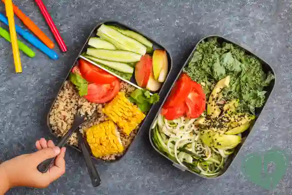 Plant-based diabetic lunch meal prep with quinoa, corn, fresh vegetables, and avocado packed in containers.