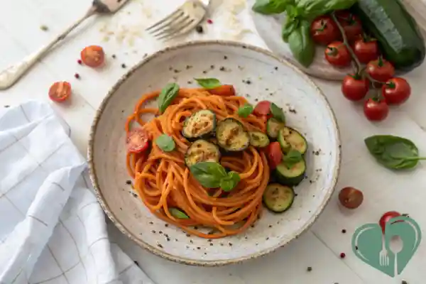 A bowl of red lentil pasta topped with grilled zucchini and cherry tomatoes, garnished with fresh basil – a colorful, low-GI dinner for diabetics.