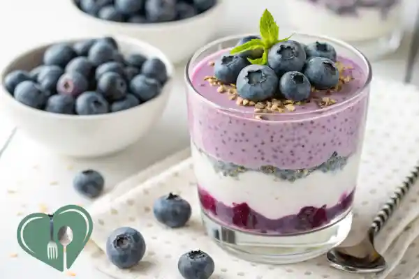 Chia yogurt parfait with blueberries and flaxseeds in a glass cup — a low-carb, diabetic-friendly breakfast.