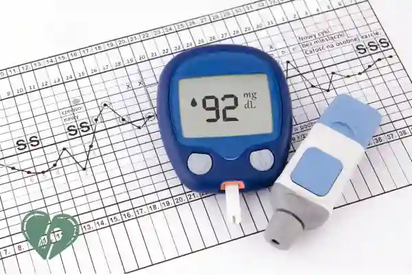 Blood glucose meter showing 92 mg/dL on top of a blood sugar chart, next to a lancet device.