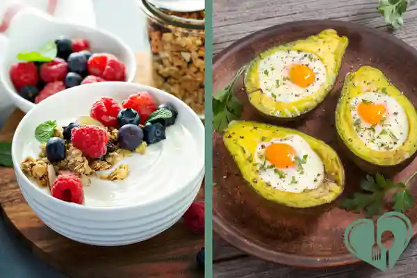 Side-by-side view of a sweet yogurt bowl with berries and a savory baked avocado with egg — diabetic-friendly breakfast comparison.