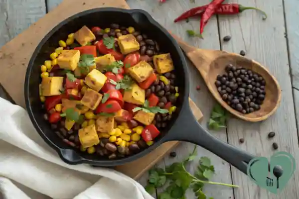 Black bean and tofu skillet with red bell peppers, corn, and fresh cilantro in a cast iron pan.