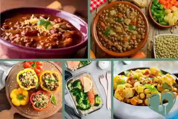 A collage of five diabetic-friendly freezer meals: turkey chili, lentil stew, stuffed peppers, salmon with broccoli, and veggie curry.