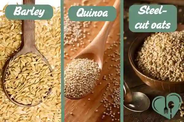 Close-up of barley, quinoa, and steel-cut oats shown separately in wooden spoons and bowls.