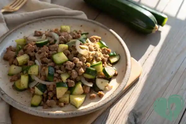 Bowl of ground turkey and zucchini hash with sautéed onions — a blood sugar–friendly, low-carb diabetic breakfast.