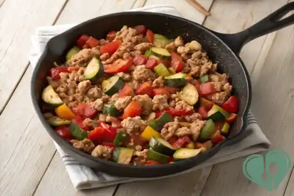 Ground turkey sautéed with chopped zucchini, bell peppers, and tomatoes in a cast iron skillet.