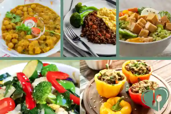 Collage of vegetarian diabetic dinner recipes including chickpea curry, lentil shepherd’s pie, tofu bowls, stir-fried veggies, and stuffed peppers.